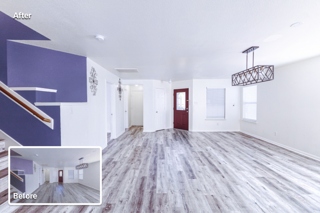 real estate photo enhancement showing sharpening and noise reduction applied to an interior space for clearer textures and reduced grain