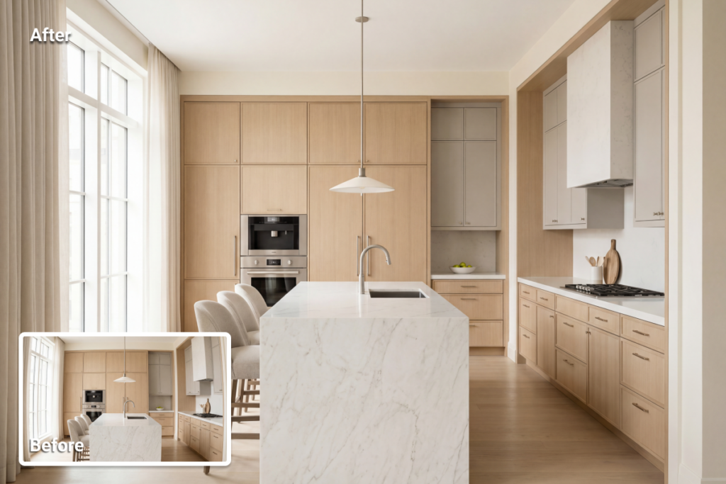 real estate photo enhancement showing lens and perspective correction applied to a kitchen interior to straighten vertical lines and reduce distortion