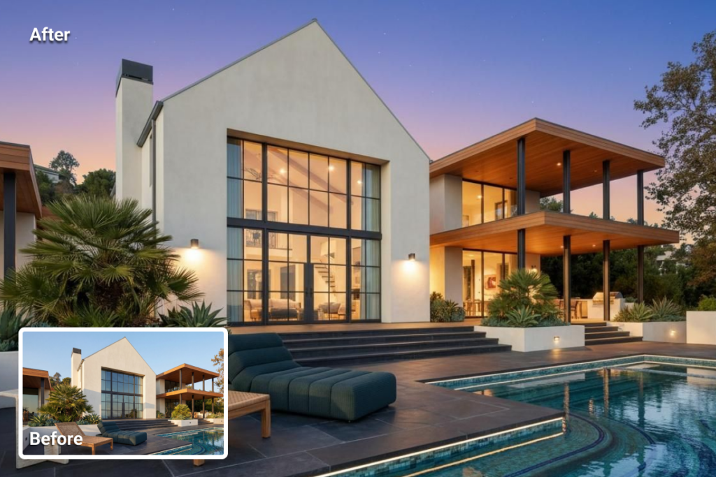 real estate photo enhancement showing day-to-dusk conversion applied to an exterior property image while preserving natural lighting and realistic appearance