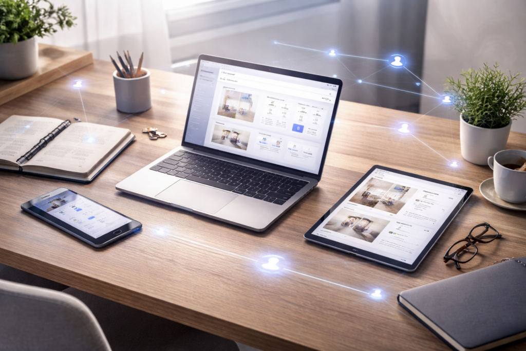 AI for real estate agents showing connected laptop, tablet, and phone managing property data and tasks