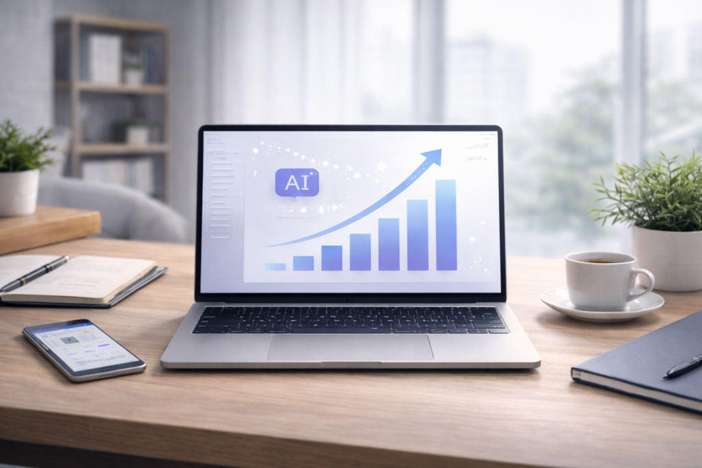 AI tools for real estate agents showing growth chart on laptop representing automation and efficiency gains