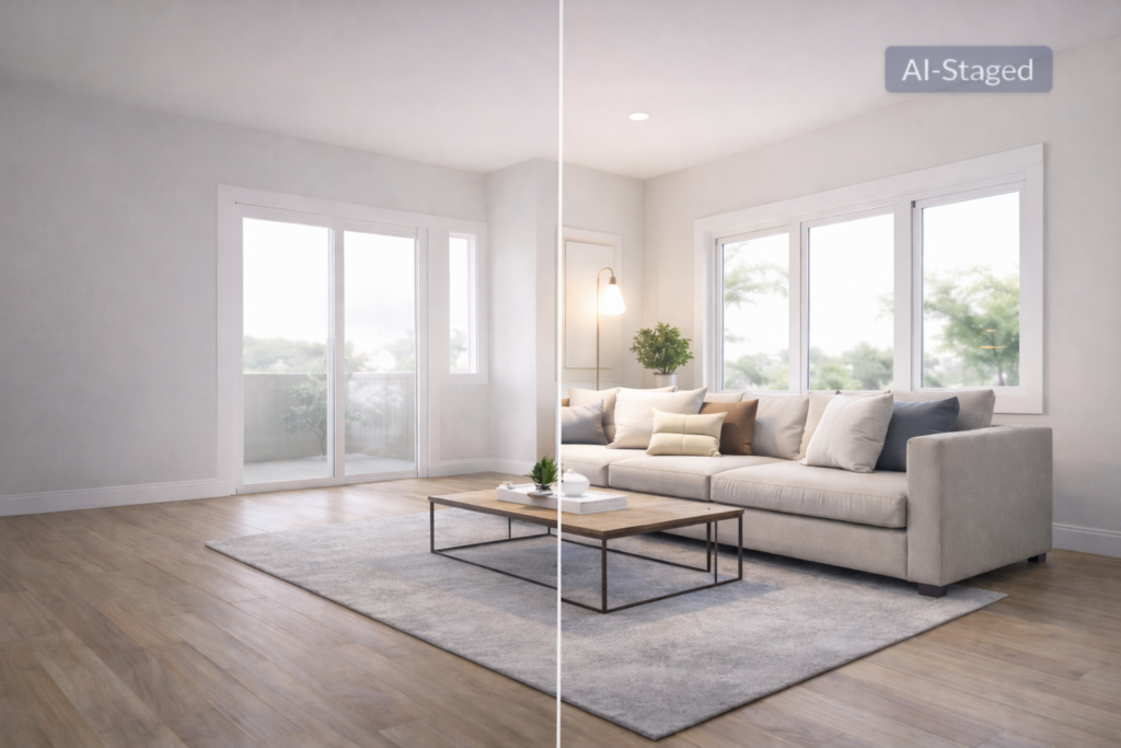 AI staged living room before and after showing need for disclosure and ethical real estate marketing