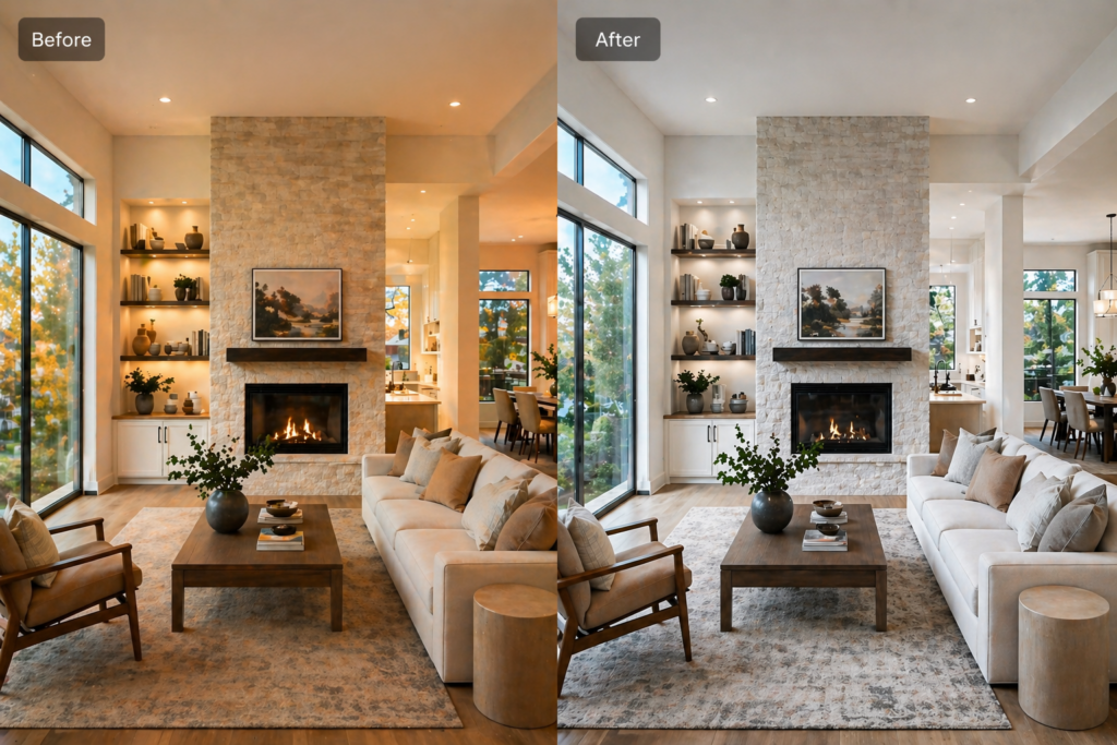 Before and after living room showing HDR blending improving exposure, shadows, and window detail