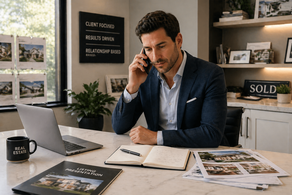 Real estate agent using real estate cold call scripts while calling high-intent seller leads from a listing-focused office
