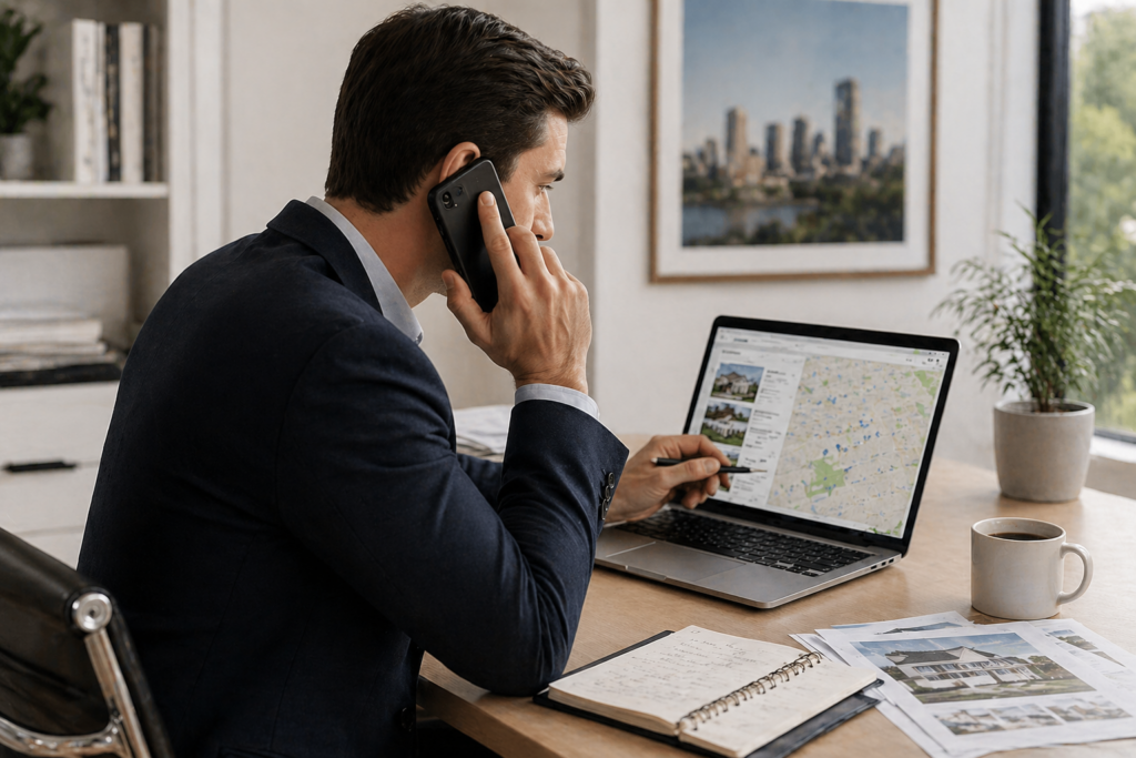 Real estate agent using real estate cold call scripts while reviewing property data and contacting homeowners