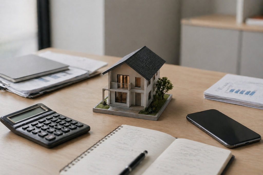 Real estate agent workspace with property model and notes used to plan real estate cold call scripts for niche seller situations