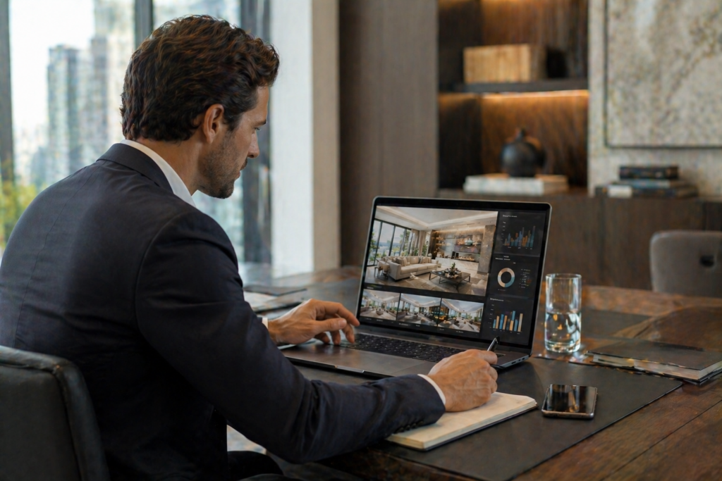 Real estate agent analyzing luxury listing performance and ROI metrics on laptop dashboard for luxury virtual staging results