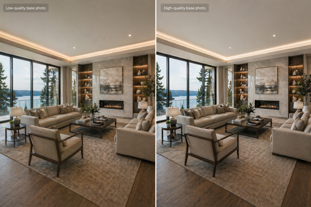 Comparison of low-quality and high-resolution interior photos showing impact on luxury virtual staging output quality