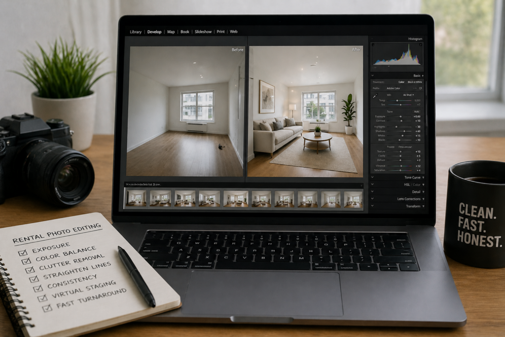 Real estate photo editing tips shown in a rental listing workflow with before and after image adjustments on laptop screen