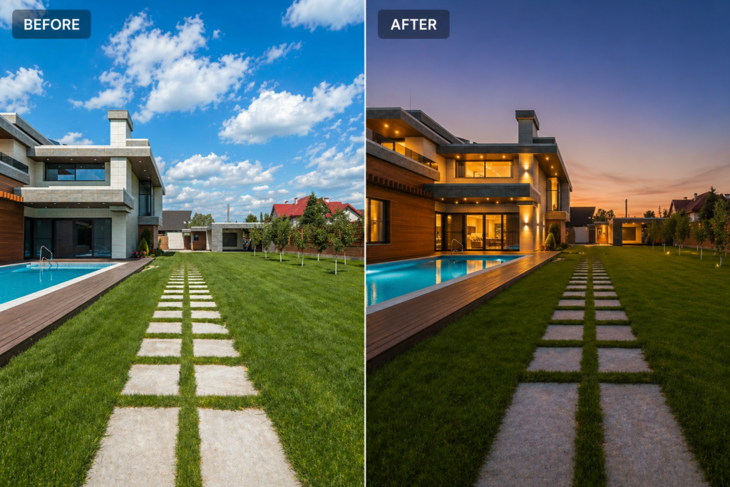 Real estate photo editing tips showing day to dusk conversion on a luxury home exterior to create a more emotional and aspirational listing image