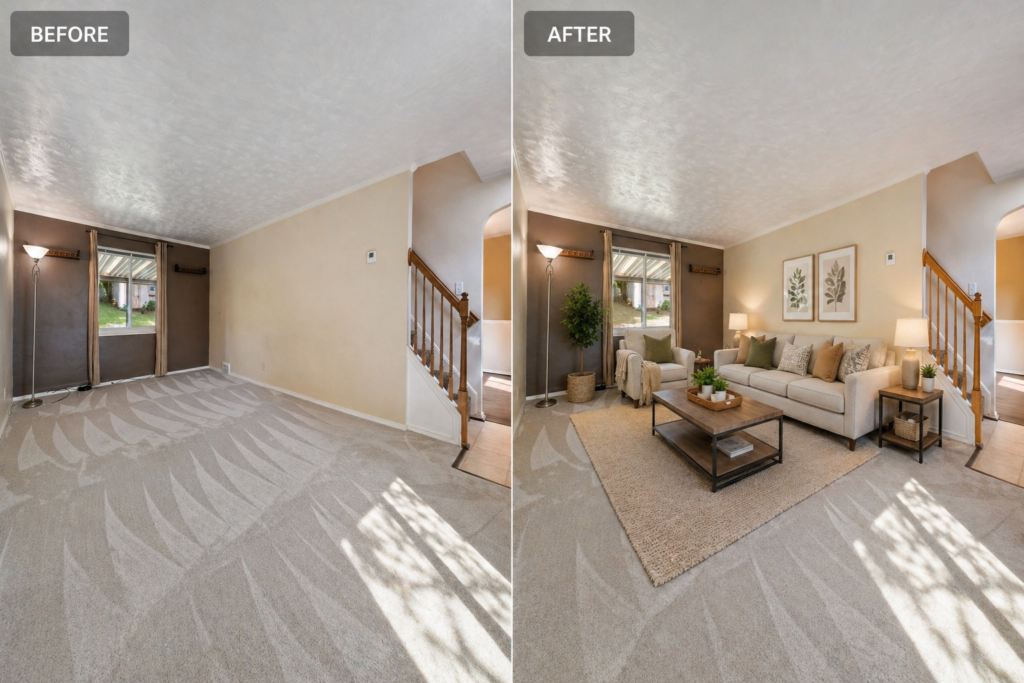 Real estate photo editing tips showing before and after virtual staging used carefully to improve clarity in a neutral interior without altering structure or layout