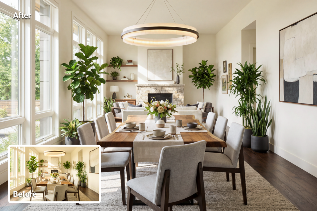 real estate photo enhancement showing color correction and white balance adjustment applied to a dining room interior for natural tones and consistent lighting