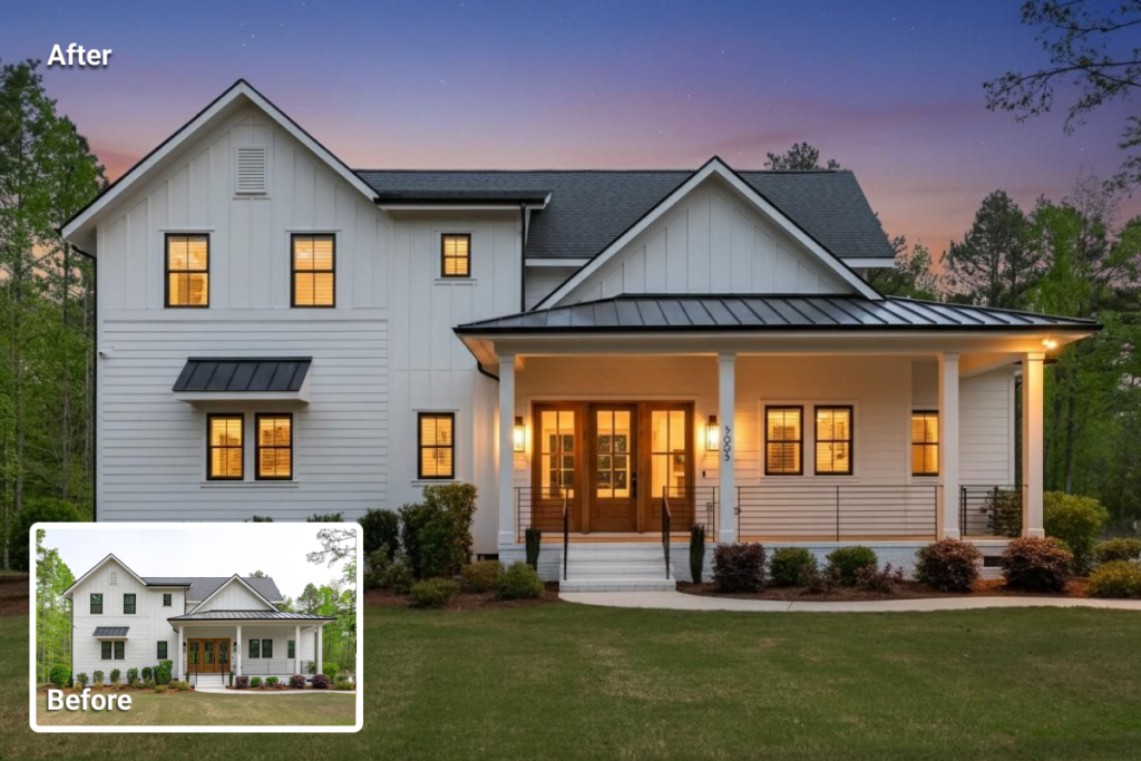 Before and after exterior showing day-to-dusk conversion with twilight sky and warm interior lighting