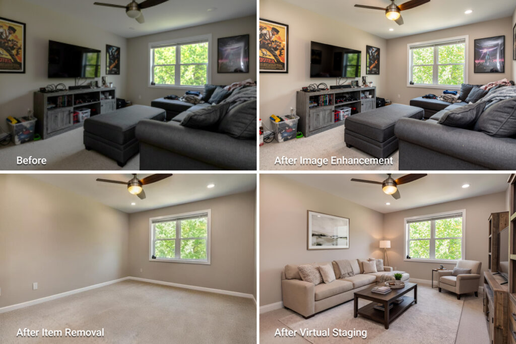 Grid showing original room, image enhancement, item removal, and virtual staging for comparison