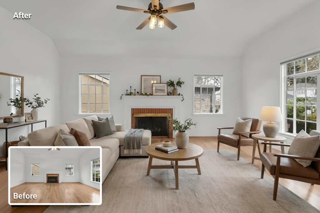 Before and after living room showing virtual staging with furniture and decor added to an empty space