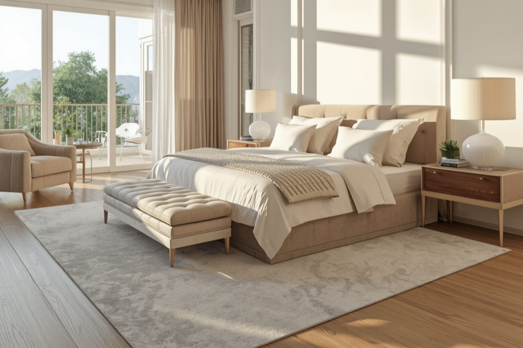 Bright bedroom example of flambient real estate photography