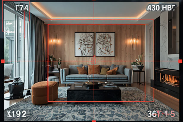 Camera framing overlay in flambient real estate photography interior shoot