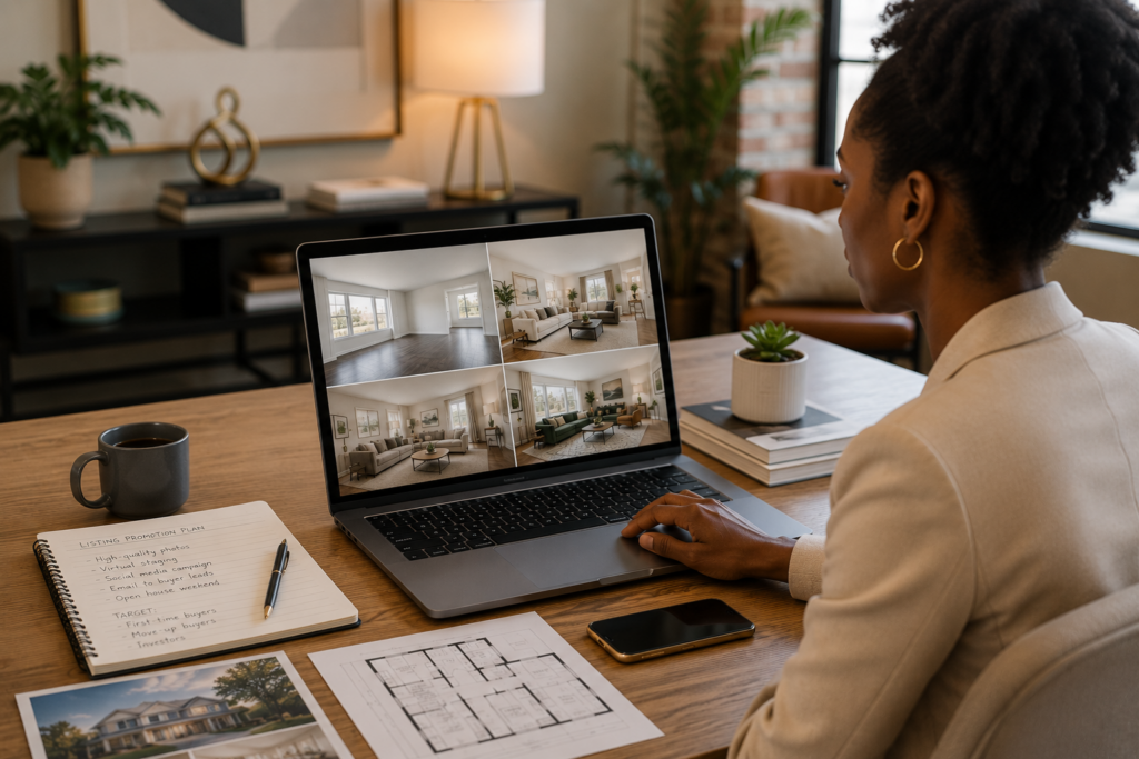 Real estate marketing tools showing an agent reviewing AI virtual staging options for listing photos on a laptop