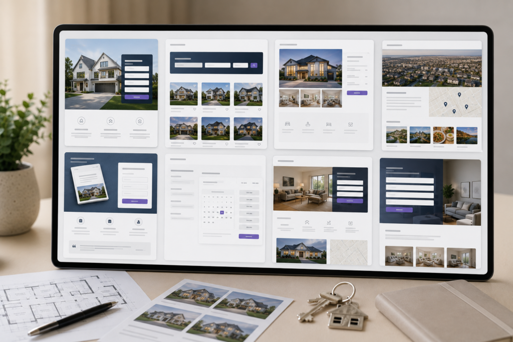 Real estate landing pages shown as multiple property website layouts for lead capture, search, showcases, and booking pages