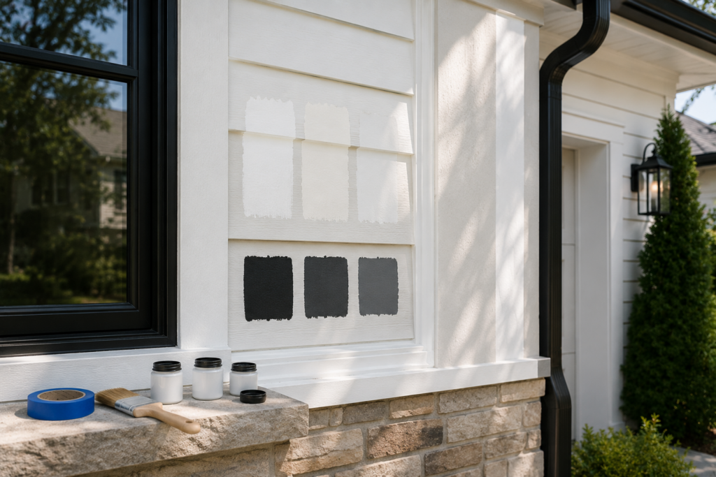 White house with black trim showing exterior paint swatches used to compare warm and cool white shades against dark trim