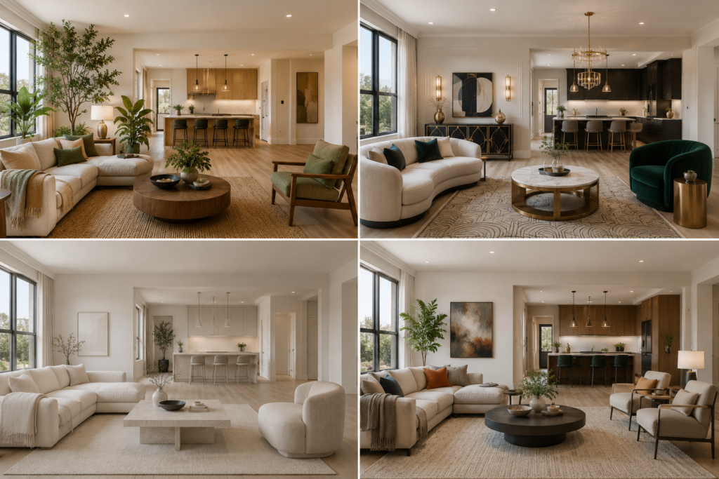 Virtual staging trends shown through four staged living room styles for 2026 listing photos