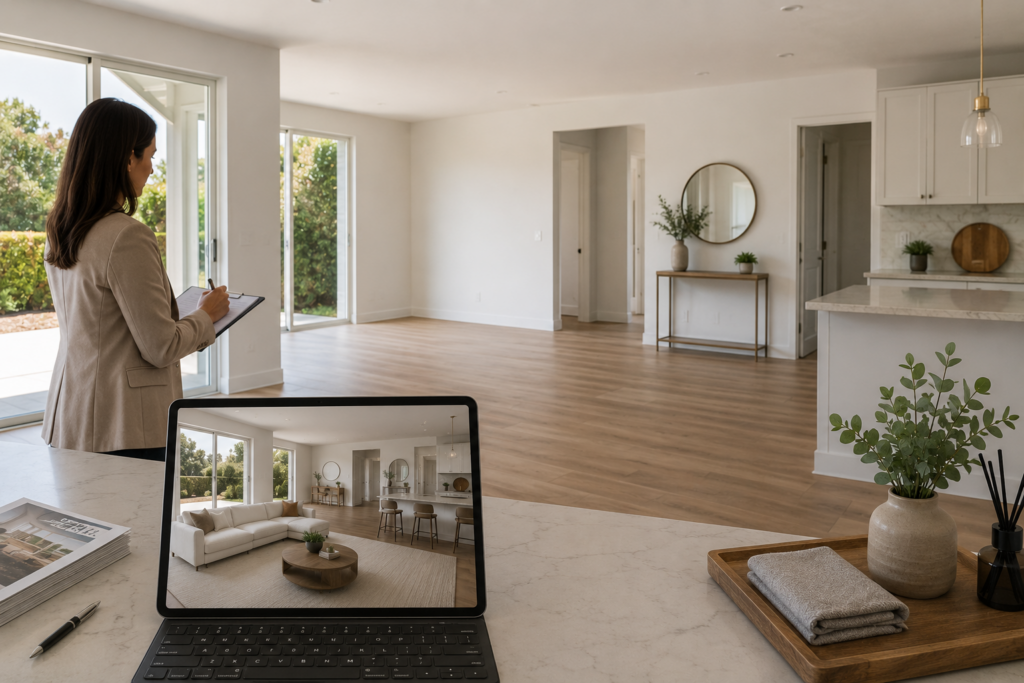 Hybrid staging approach showing an empty home with a virtually staged version on a tablet for real estate listing use