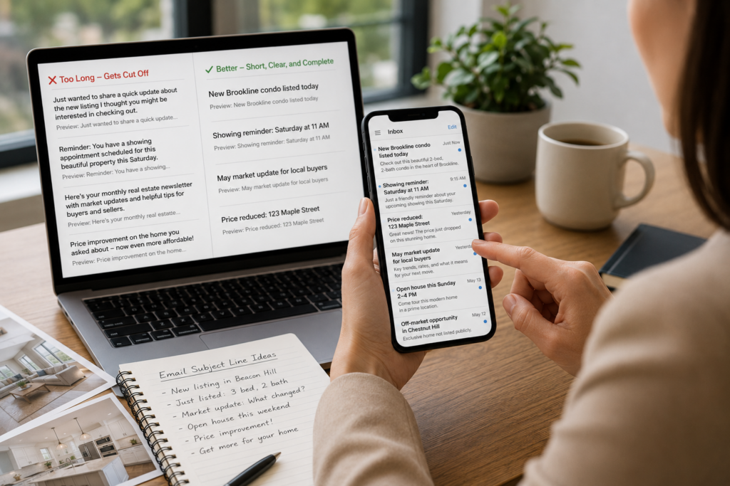 Real estate email subject lines being reviewed on a mobile inbox to improve brevity and readability