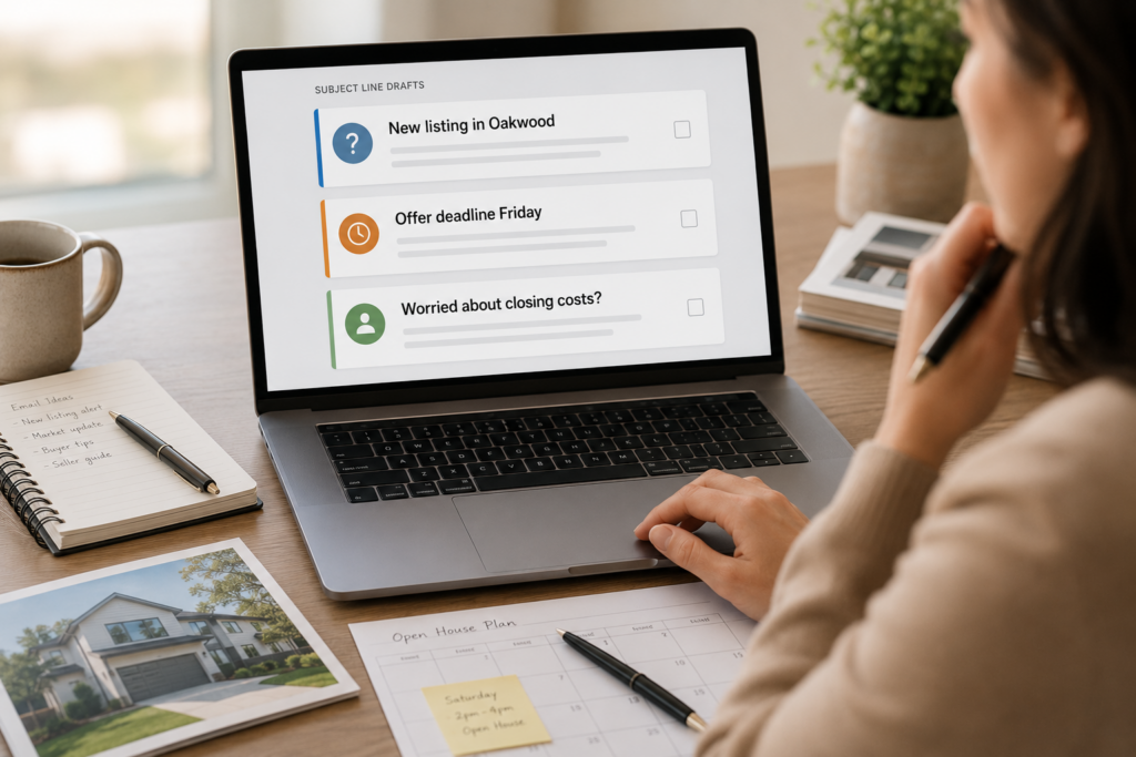 Real estate email subject lines using curiosity, urgency, and pain points on a laptop screen for email marketing planning