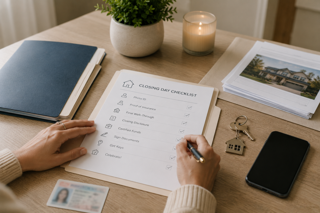 Real estate email templates showing a closing day checklist with documents, keys, and buyer preparation items