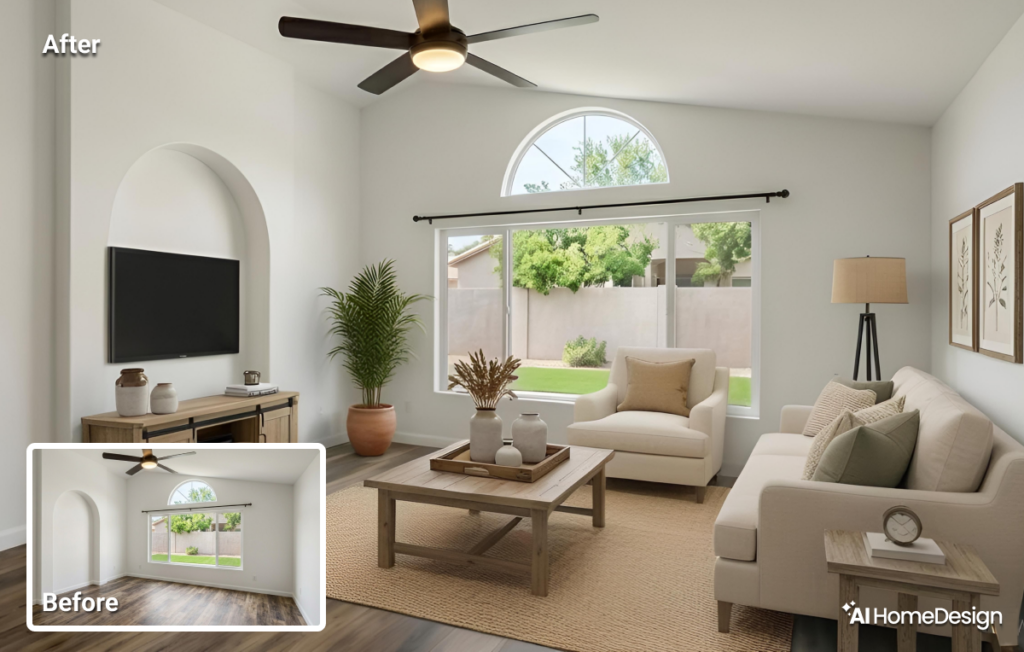 Before-and-after virtual staging of a vacant living room, showing how AI-driven listing packages enhance property presentation.