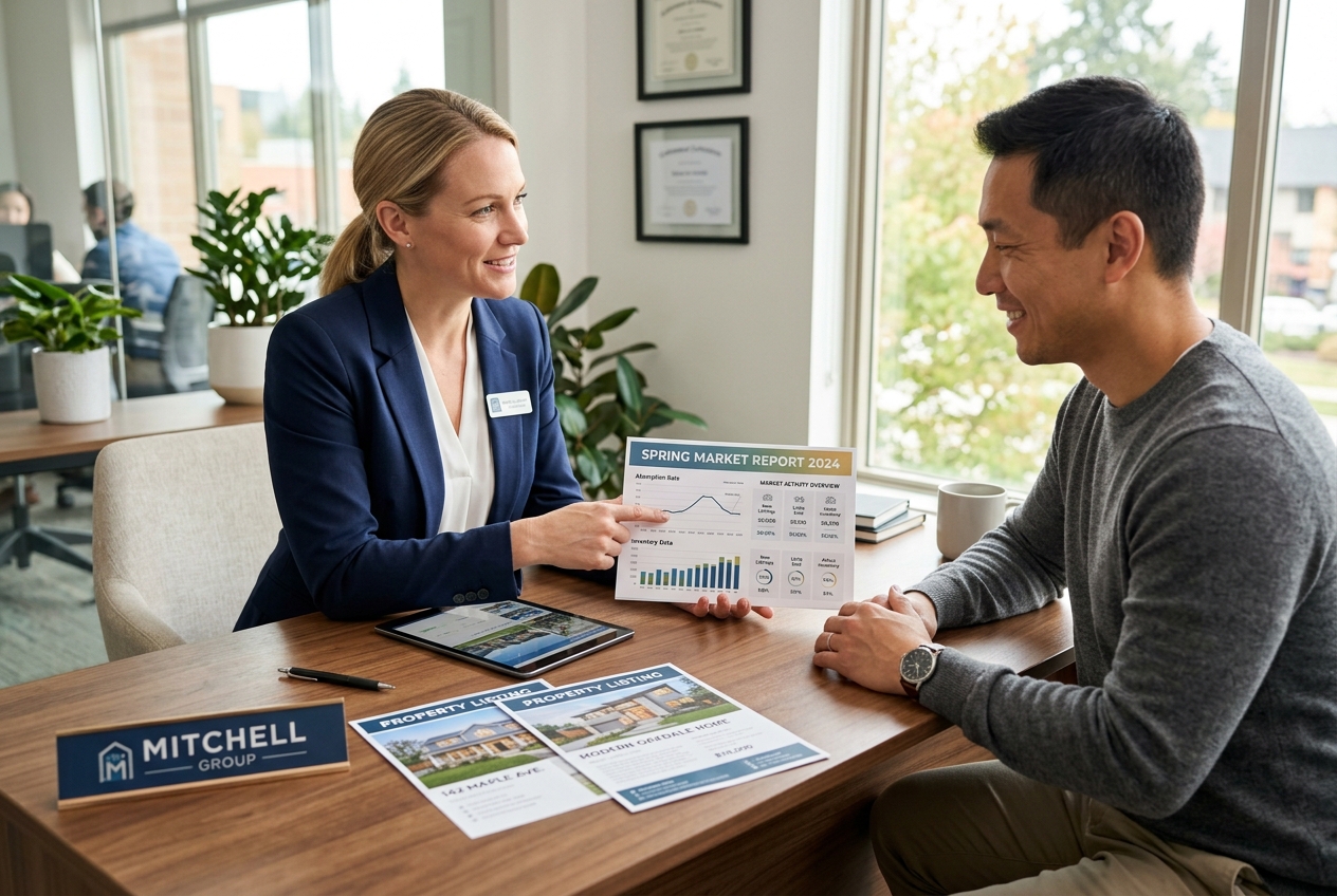 Real estate agent explaining Real Estate Absorption Rate market conditions to a client using printed data reports