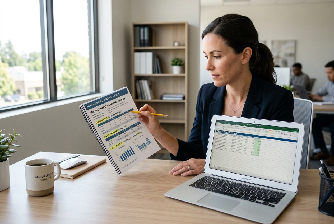 Real estate agent reviewing absorption rate data and market condition metrics on printed reports and laptop spreadsheet.