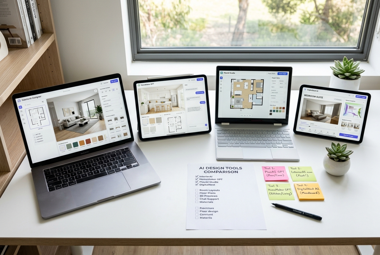 Laptops and tablets showing AI HomeDesign alternatives in a side-by-side honest head-to-head comparison guide for 2026
