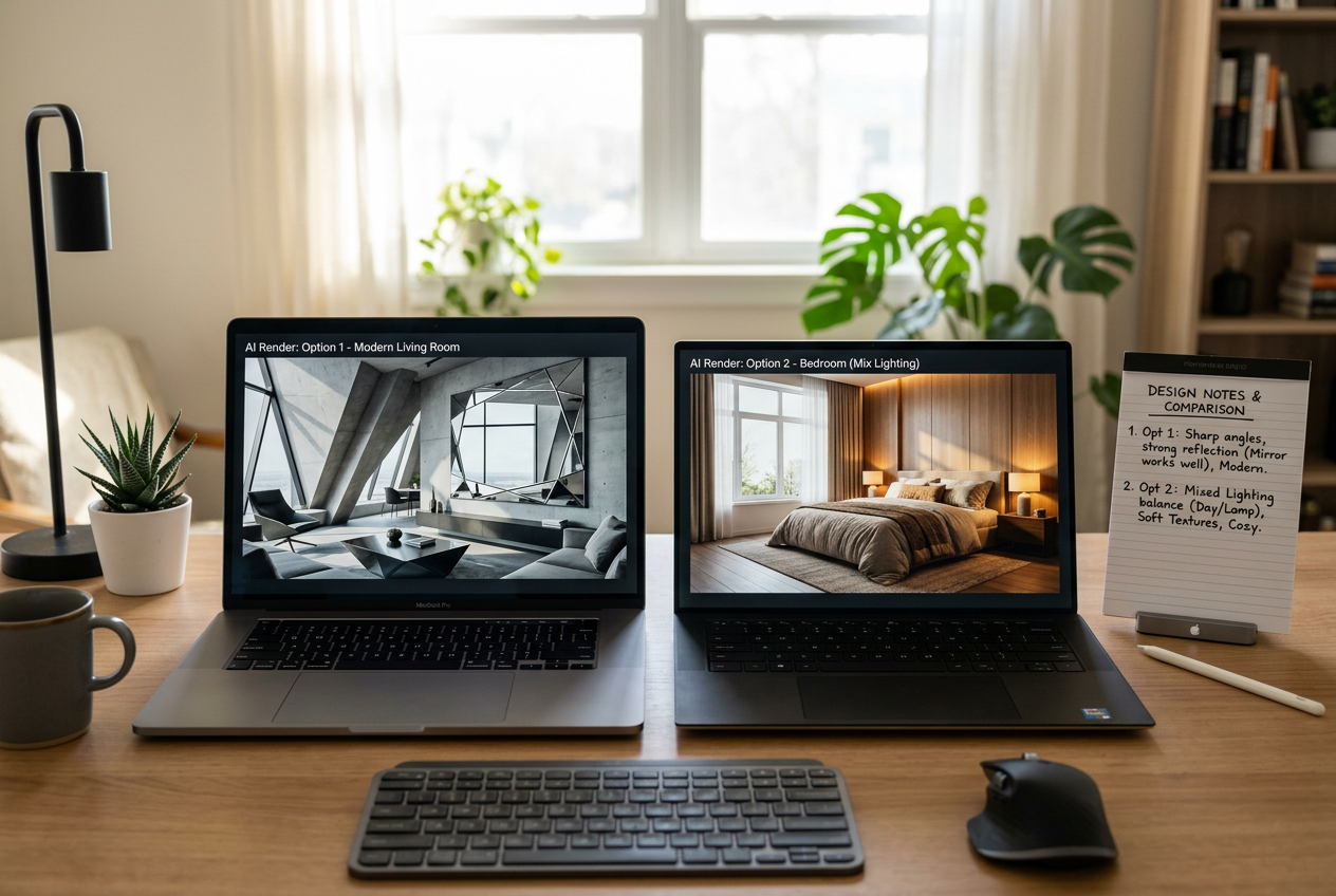 Desk with two screens showing AI HomeDesign alternatives in an honest head-to-head comparison of listing-ready room renders