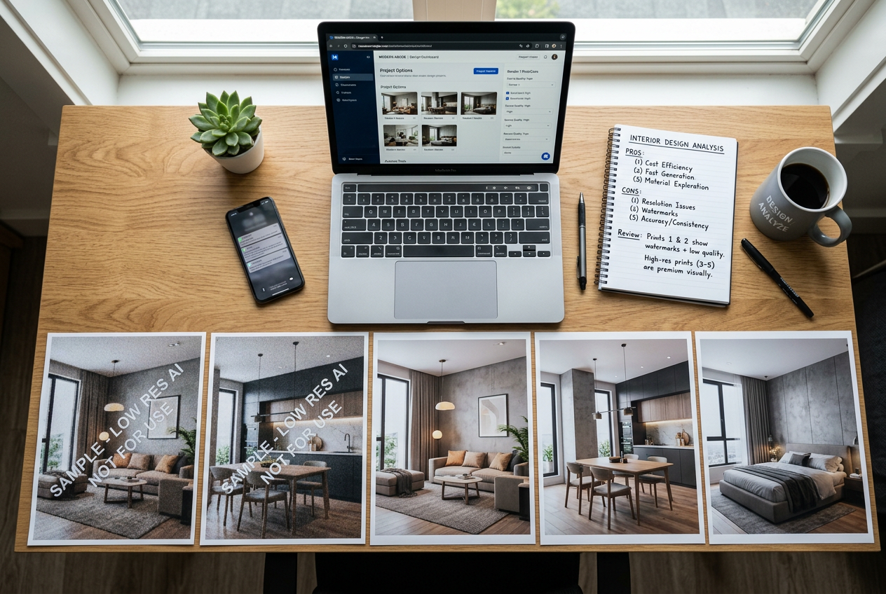 Desk comparison of AI HomeDesign alternatives showing watermarked and low-res renders side by side for an honest head-to-head review
