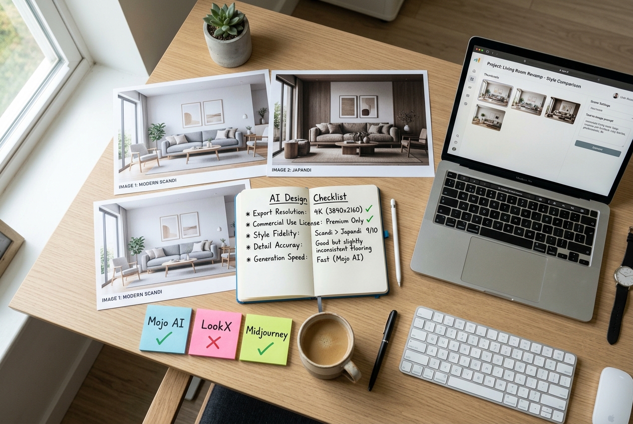 Printed AI HomeDesign Alternatives side-by-side render comparison on a desk with checklist notes for 2026 platform evaluation.
