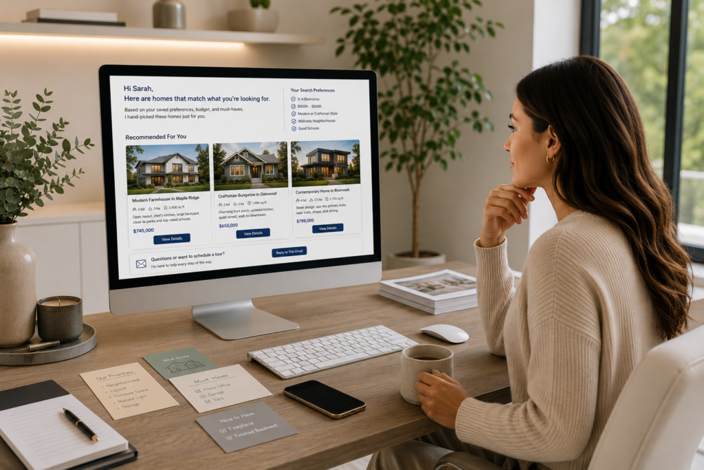 Real estate email templates showing a personalized listing update checklist with property photo and buyer notes