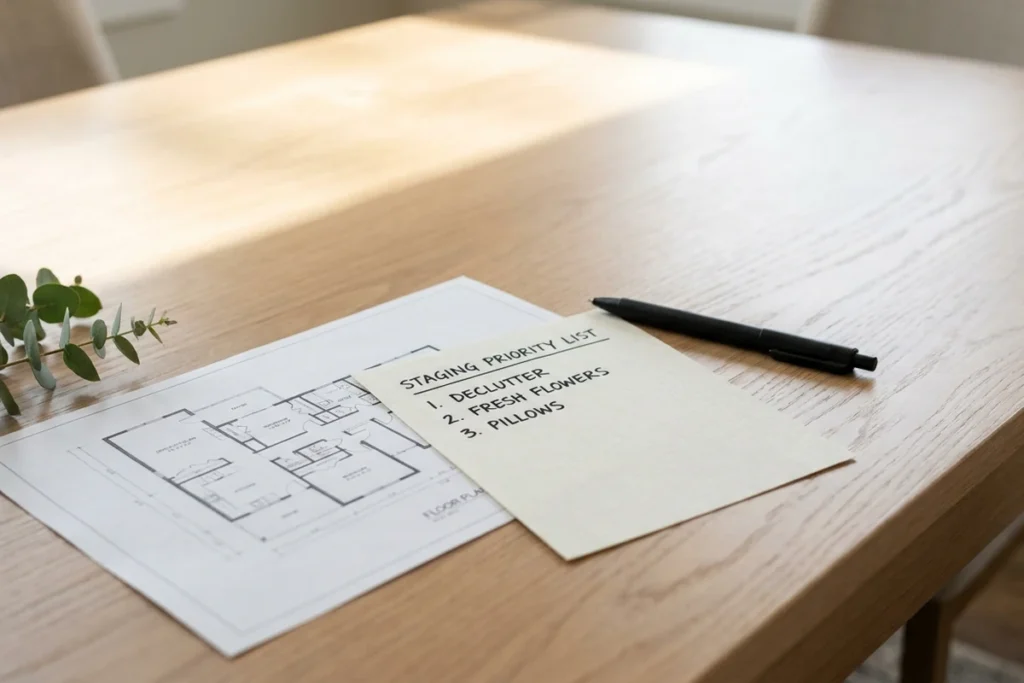 Home staging tips for sellers shown with a staging priority list and floor plan used to decide which updates matter most