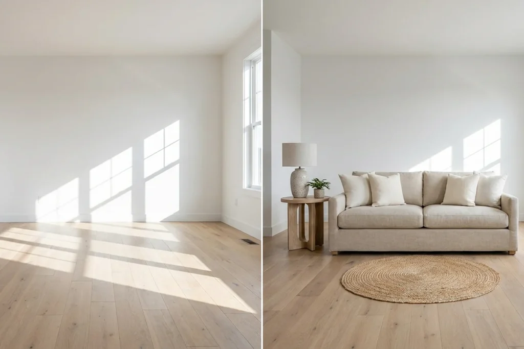 Home staging tips for sellers showing a before and after room comparison used to evaluate DIY staging versus professional staging