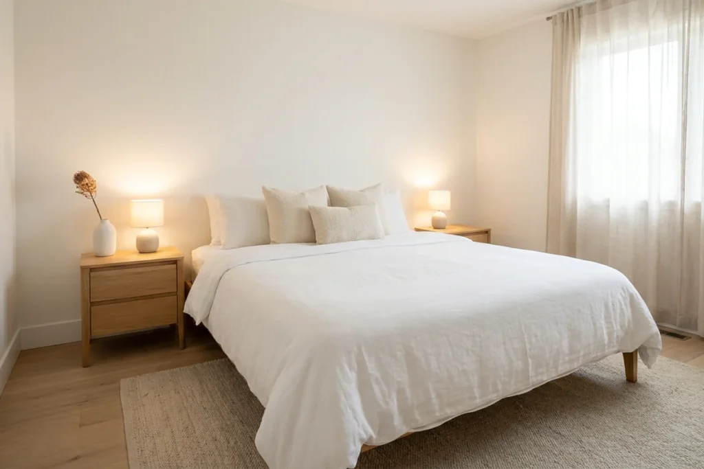 Home staging tips for sellers showing a softly staged bedroom with simple bedding, lamps, rug, and neutral decor for room-by-room staging