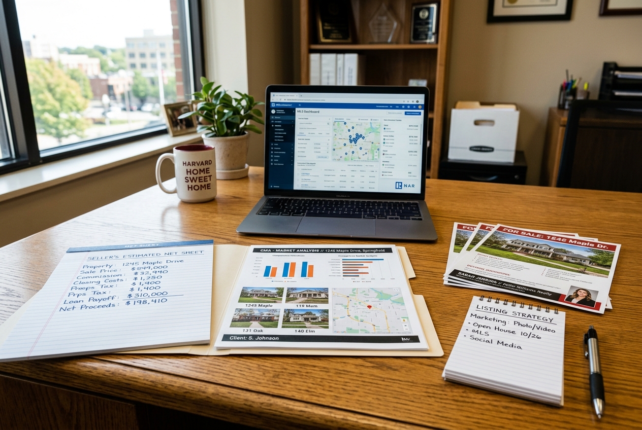 Agent desk with CMA and net sheet materials — how to get real estate listings with proven strategies for agents in any market