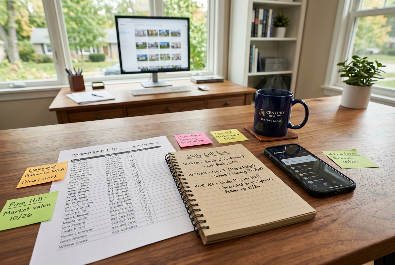 How to Get Real Estate Listings: Proven Strategies for Agents in Any Market — organized agent prospecting desk with contact list and call log