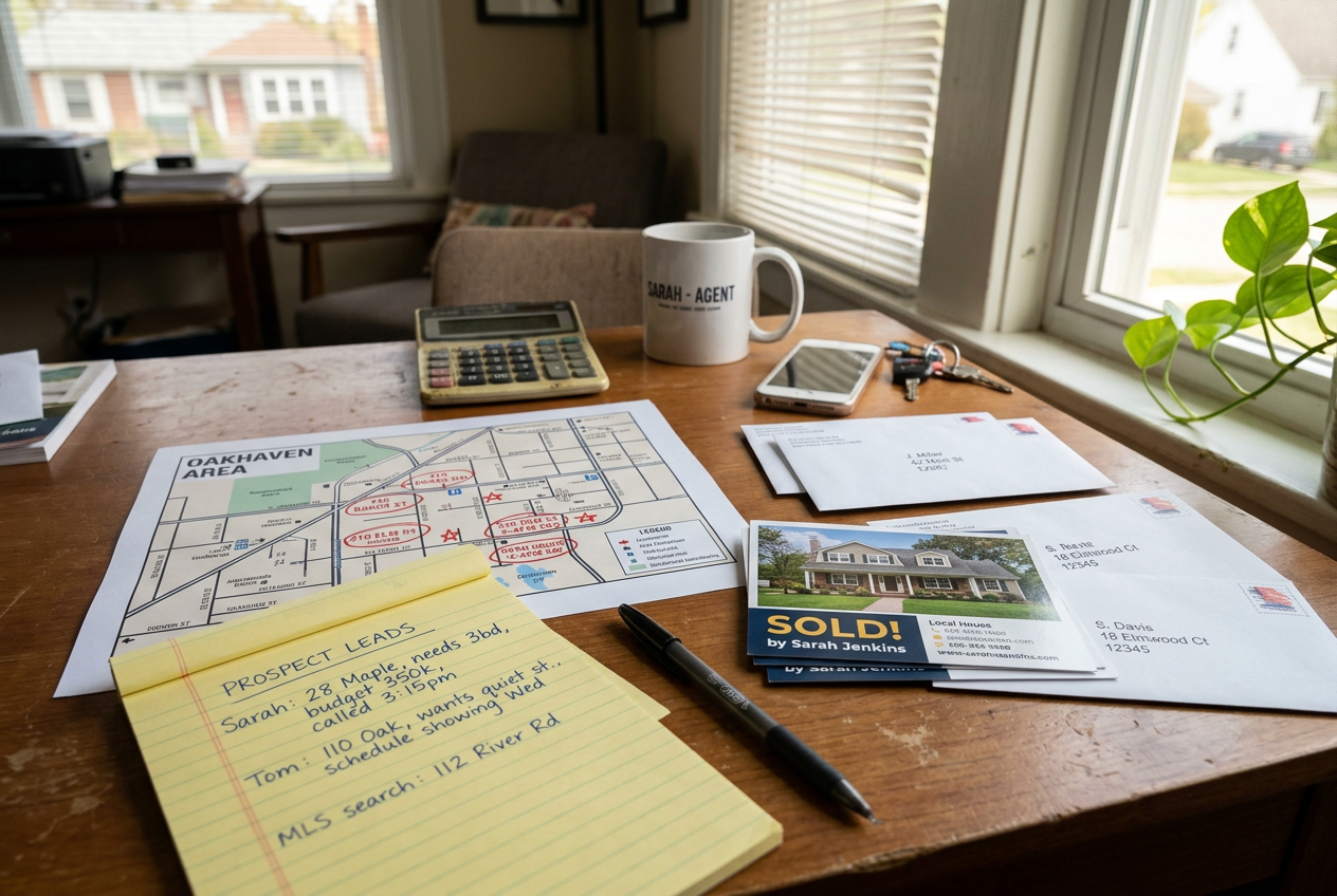 Real estate agent desk with direct mail postcards and prospect notes — how to get real estate listings strategies for agents