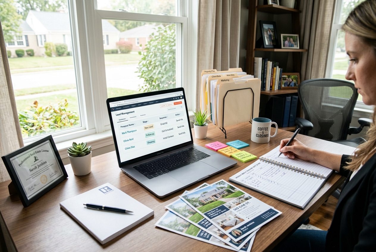 How to Get Real Estate Listings: Proven Strategies for Agents in Any Market shown through a CRM-driven agent workspace
