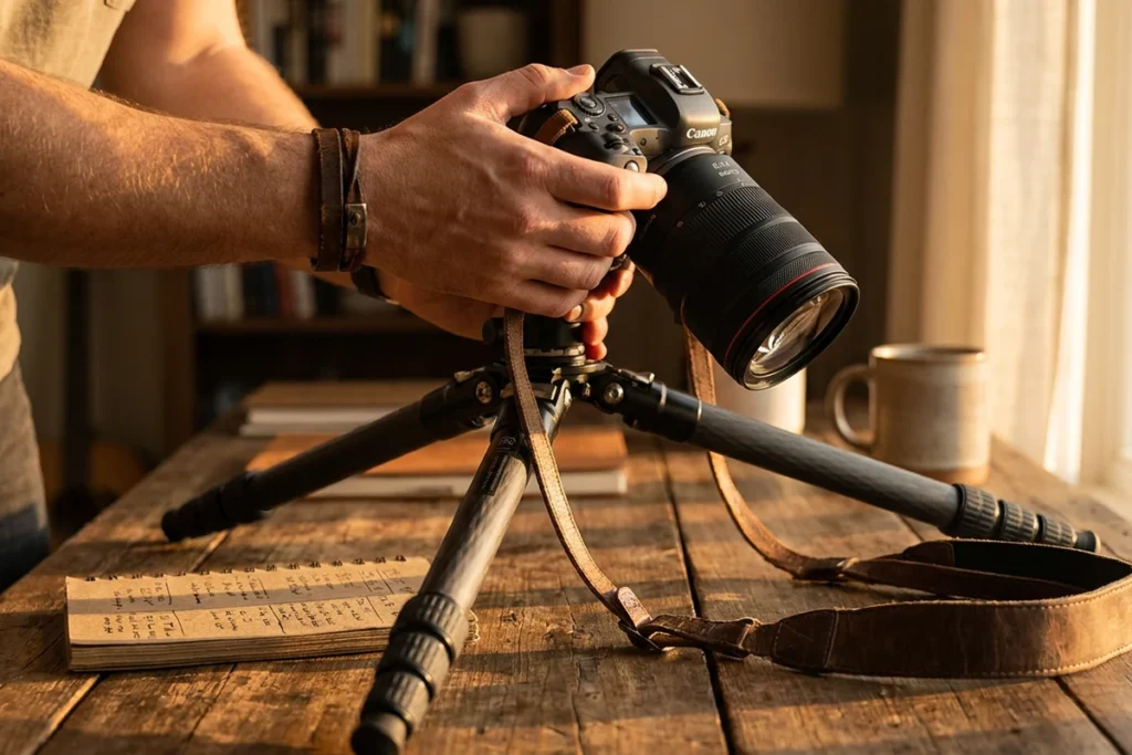 Camera and tripod setup used before editing to reduce noise in real estate photos