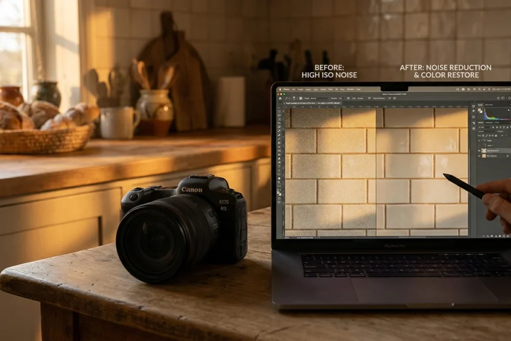 reduce noise in real estate photos using Adobe Lightroom before and after adjustment on laptop screen