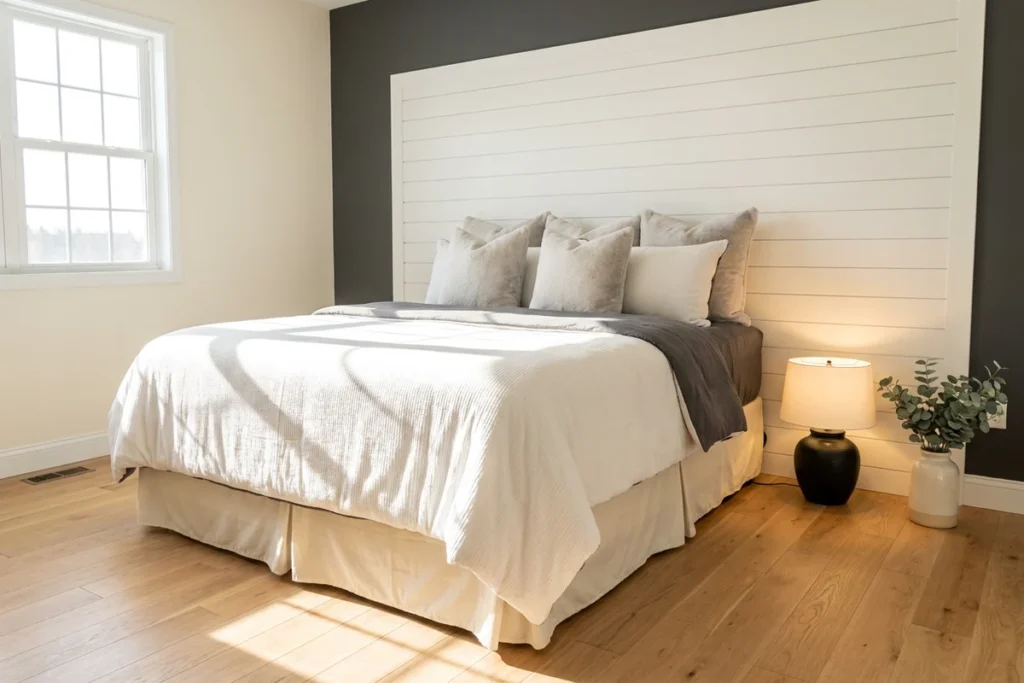 Soft-staged bedroom with layered white bedding, accent pillows, bedside lamp, and dark feature wall showing how to stage an empty house without renting furniture.