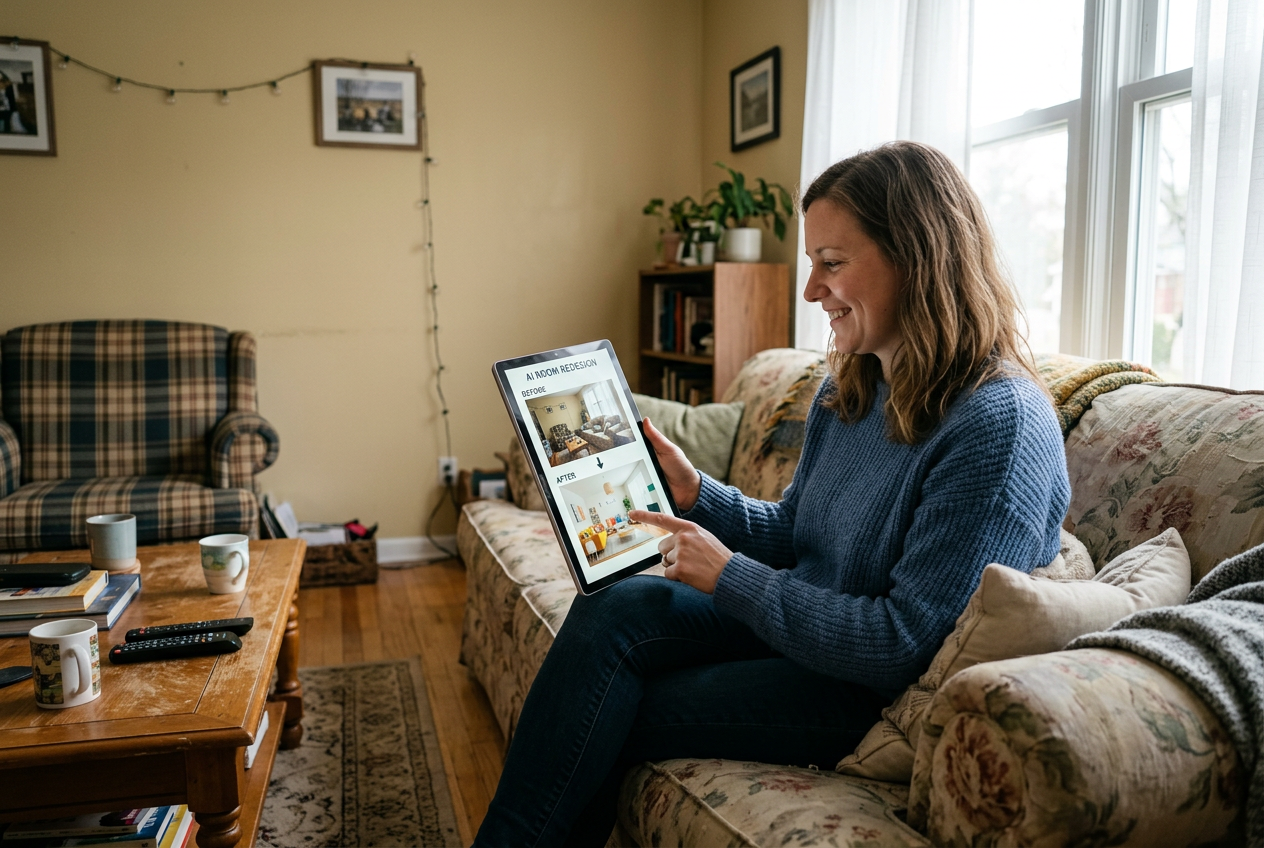 Homeowner using a tablet with an AI room design tool — How to Use AI to Redesign a Room: A Step-by-Step Guide for Homeowners