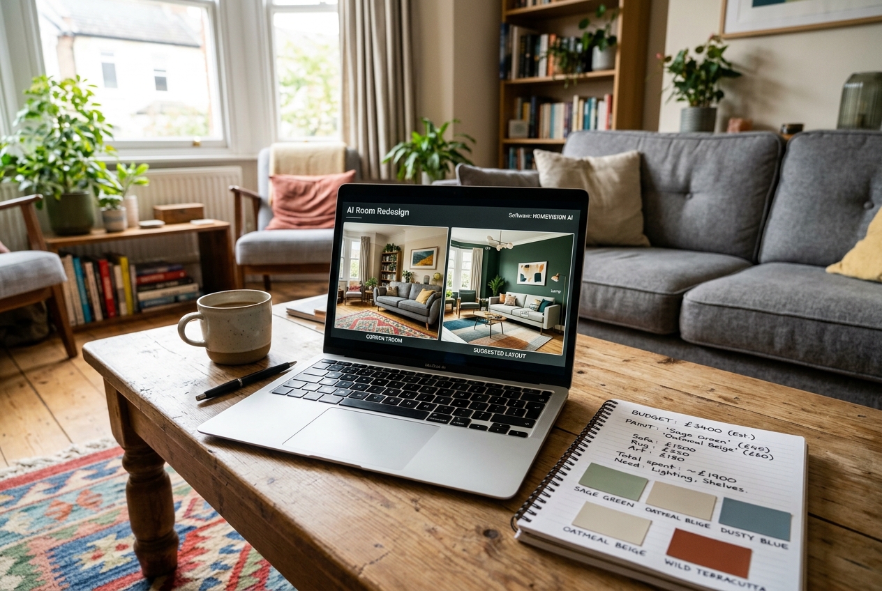 Laptop showing AI room redesign tool on a home coffee table — How to Use AI to Redesign a Room: A Step-by-Step Guide for Homeowners