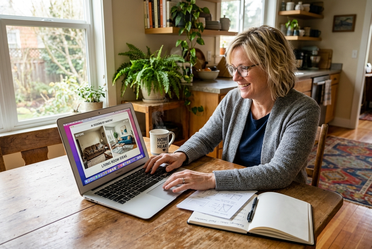 Homeowner using a laptop with an AI room redesign tool — how to use AI to redesign a room step by step at home
